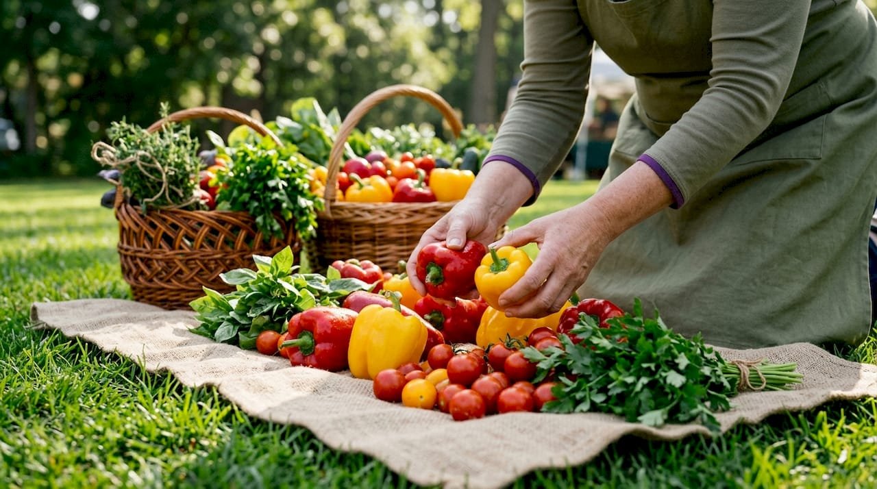Caterer hands sorting fresh vegetables outdoors