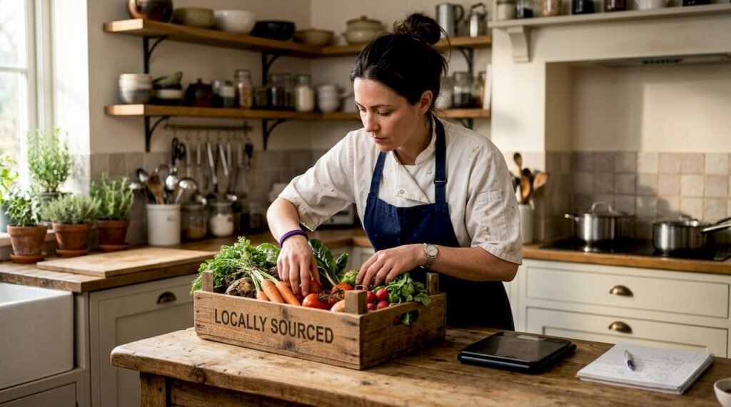 Chef inspecting locally sourced vegetables in kitchen