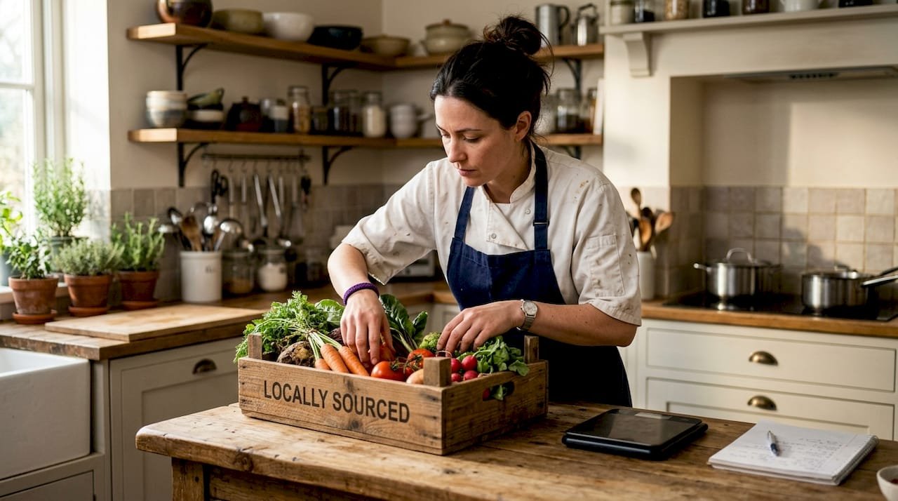 Chef inspecting locally sourced vegetables in kitchen