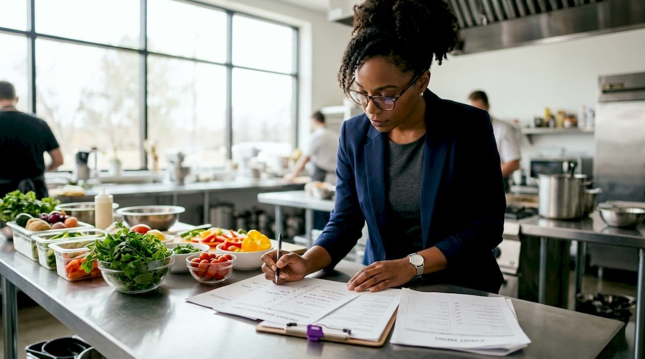 Catering manager reviewing dietary restriction forms