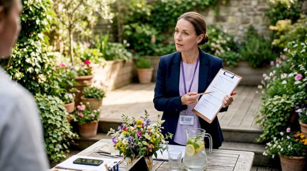 Event planner reviewing catering checklist