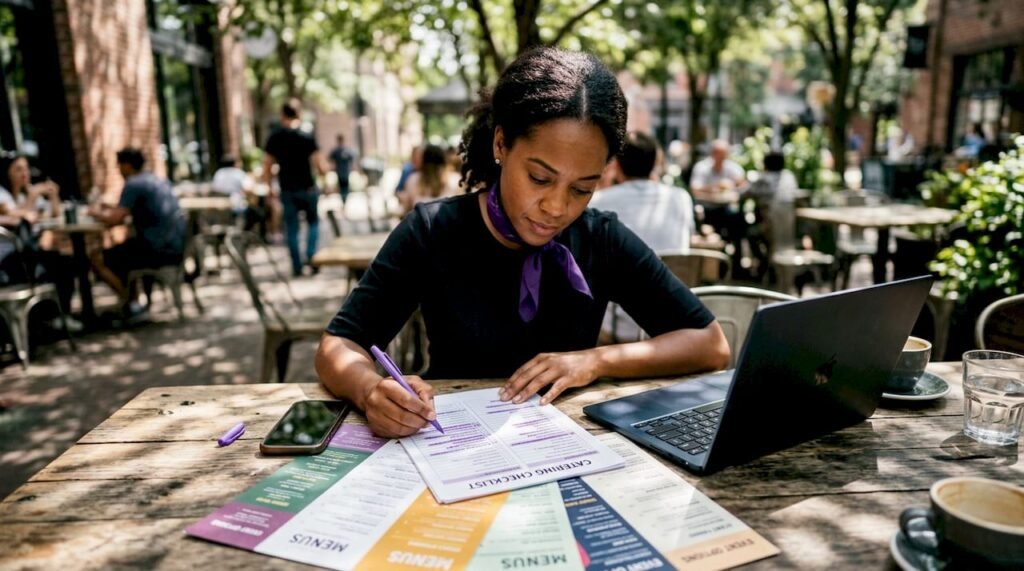 Event planner reviewing catering checklist