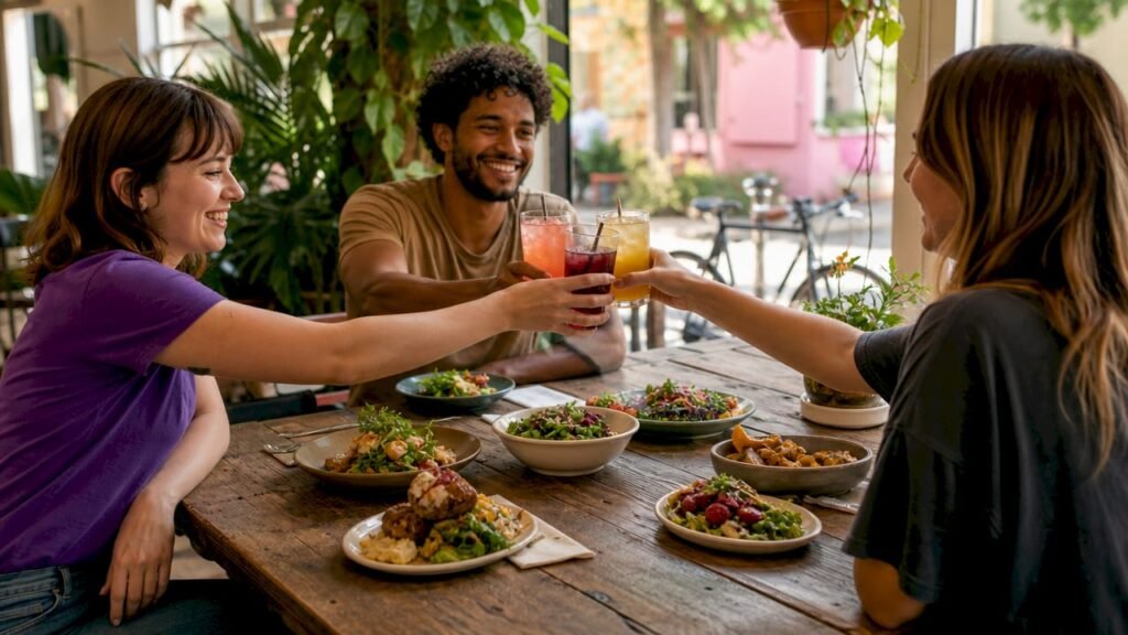 Friends enjoying meal in local warm restaurant