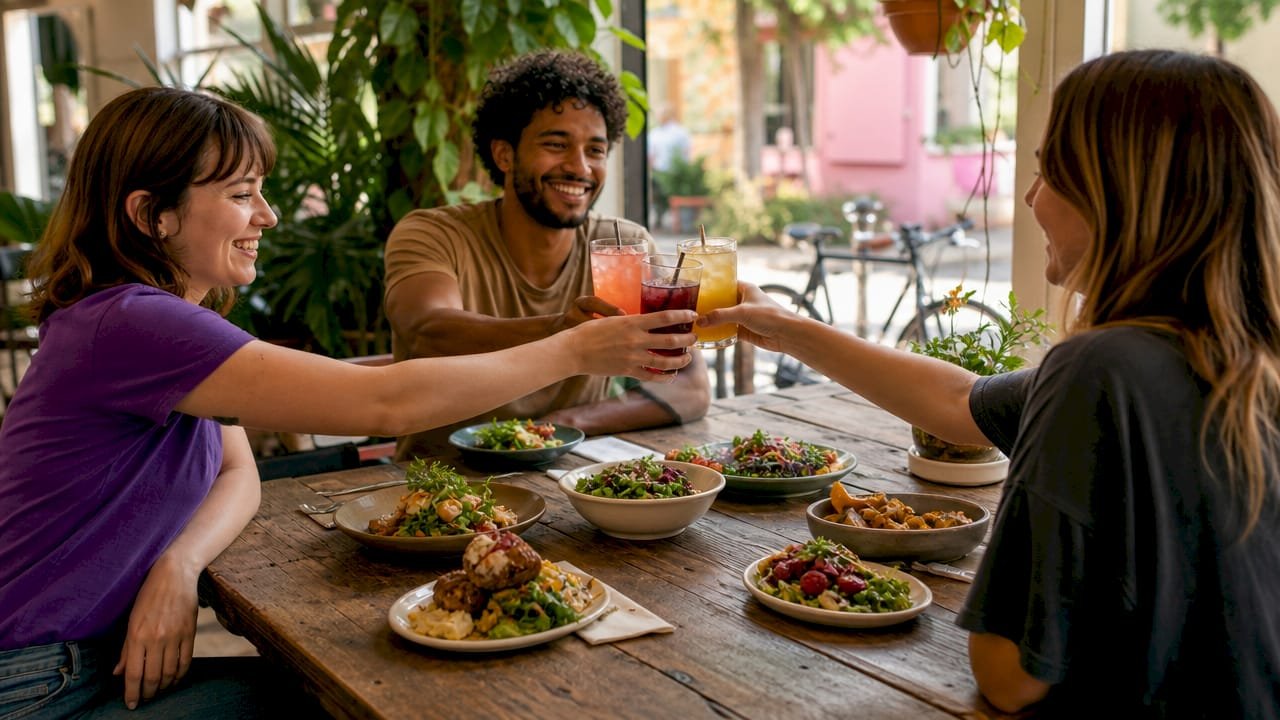 Friends enjoying meal in local warm restaurant