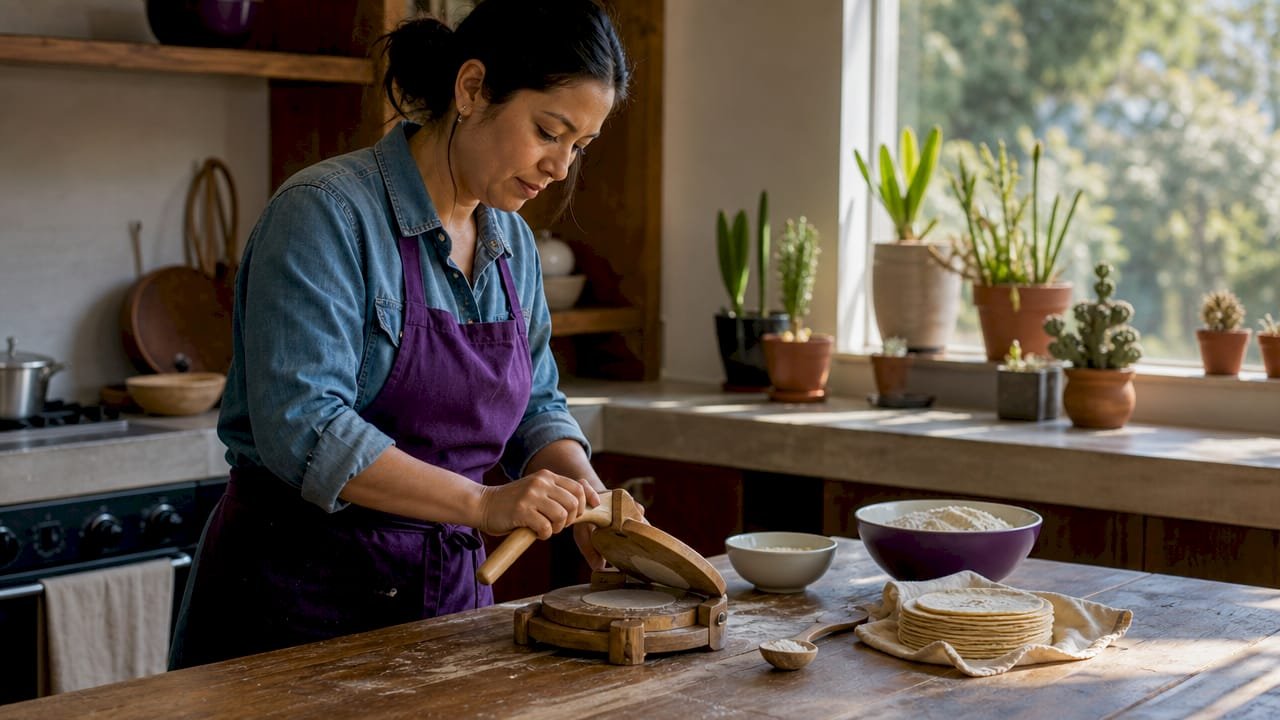 Home cook pressing fresh tortillas in kitchen