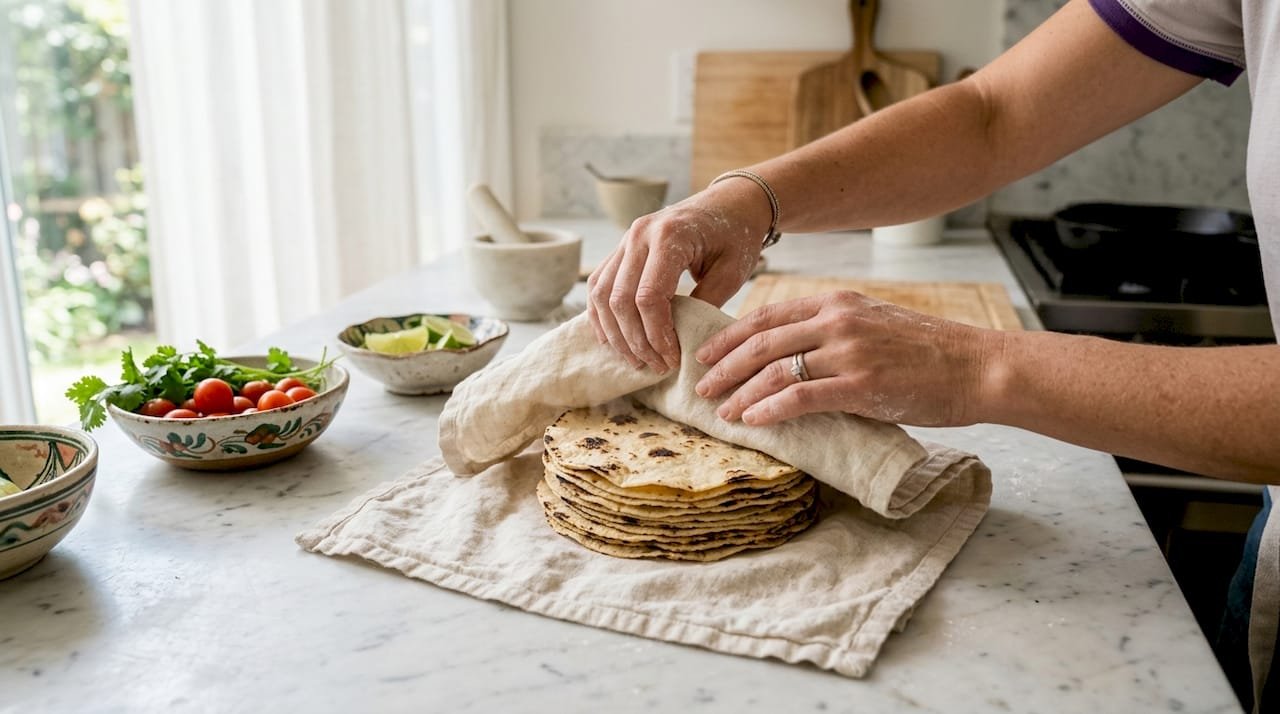 Hands wrapping warm fresh tortillas in towel