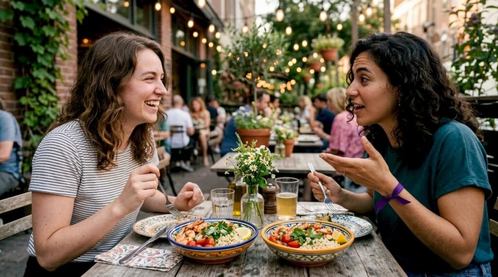 Group enjoying healthy fast casual Mediterranean meal