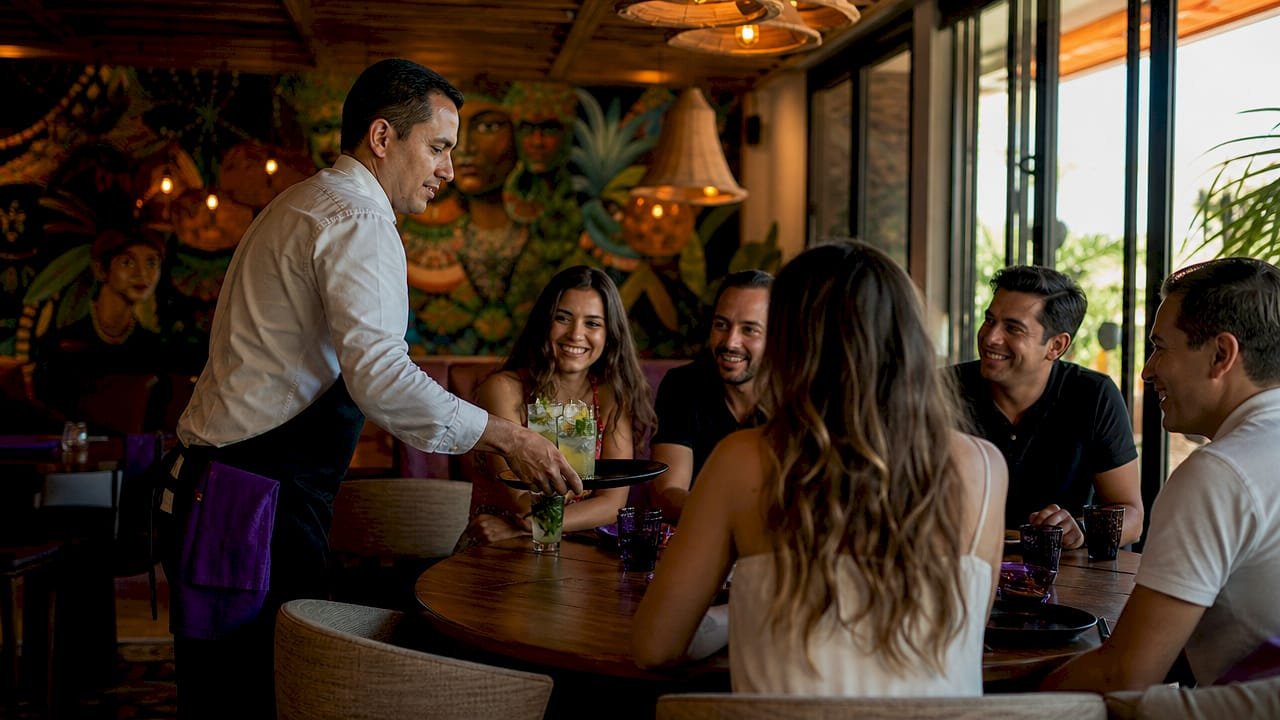 Spacious community restaurant dining area with guests