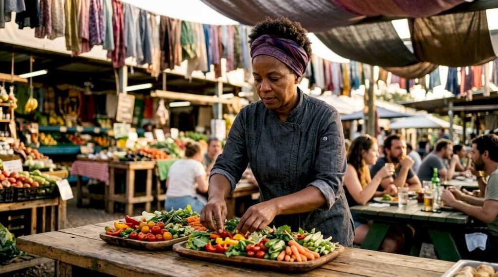 Chef arranging plates in community restaurant