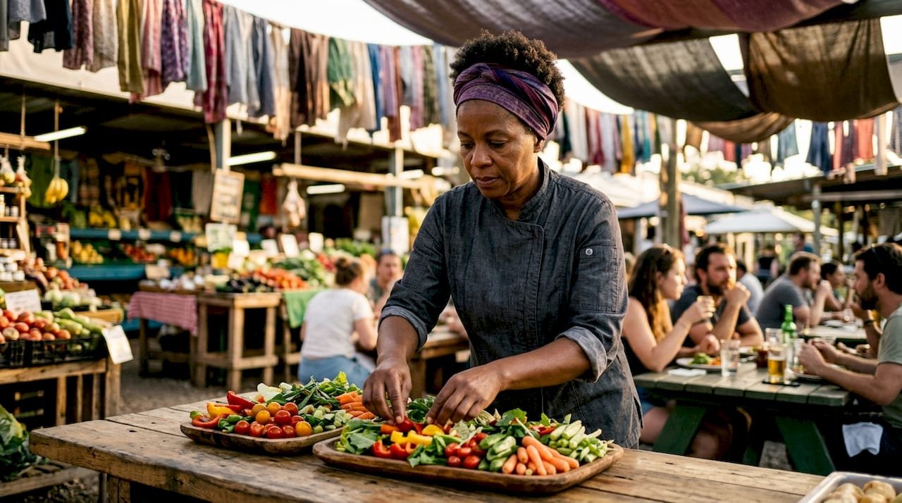 Chef arranging plates in community restaurant