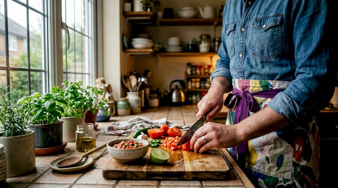 Home cook chopping ingredients for salsa