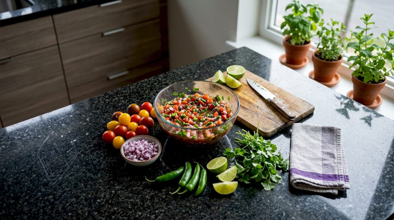 Close-up of fresh salsa ingredients on wooden table