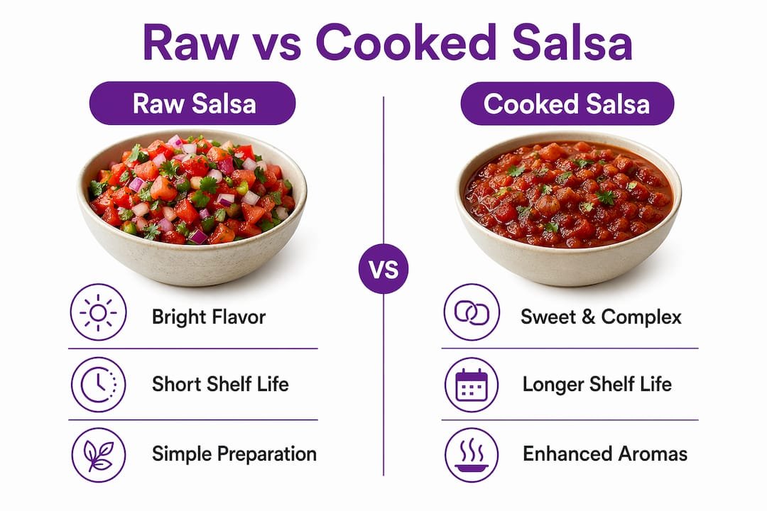 Infographic comparing raw and cooked salsa characteristics