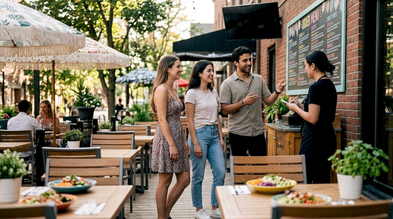 Customers ordering healthy fast-casual meals at restaurant
