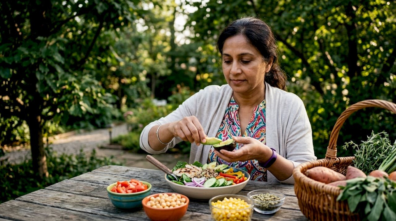 Hands assembling a healthy build-your-own meal bowl