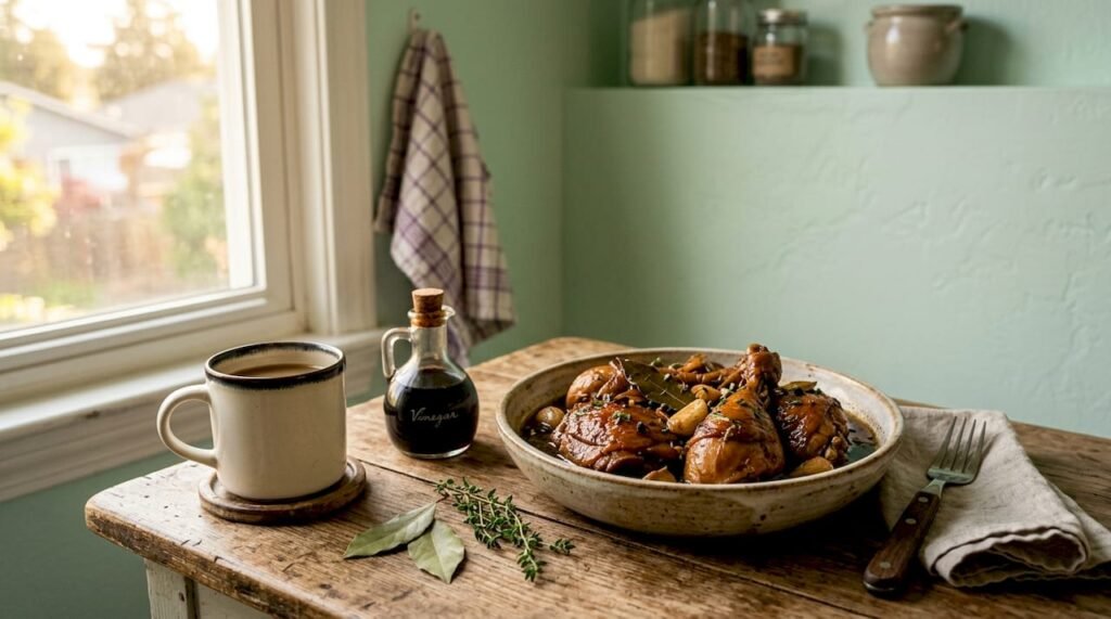 Braised adobo chicken in ceramic bowl on wooden table