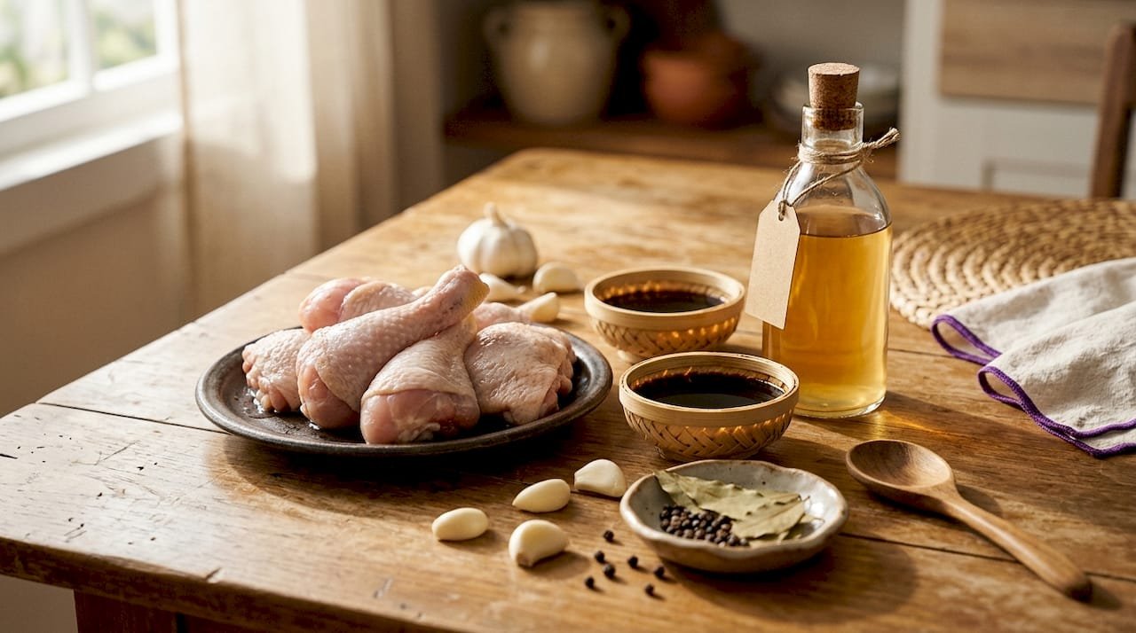 Close-up of adobo chicken ingredients on kitchen counter