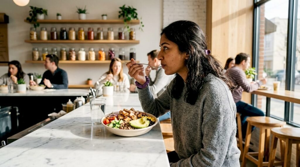 Diner enjoying clean fast-casual meal