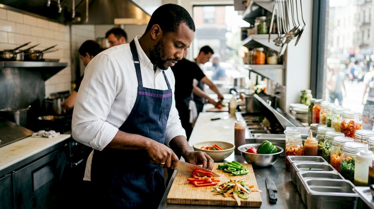 Chef chopping fresh ingredients in kitchen