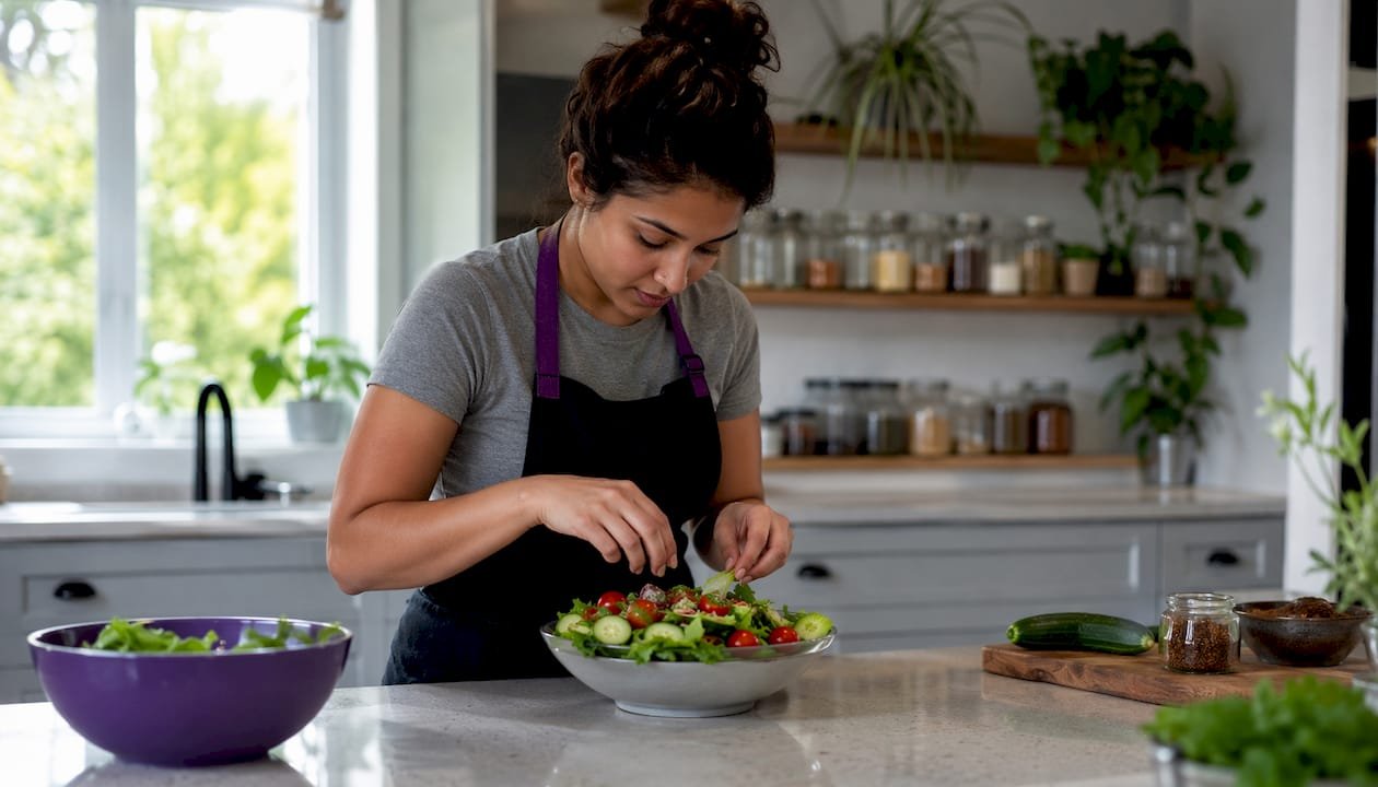 Chef preparing fresh salad in modern kitchen
