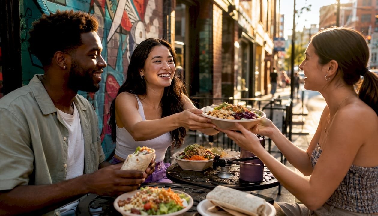 Friends sharing healthy fast casual meal outdoors