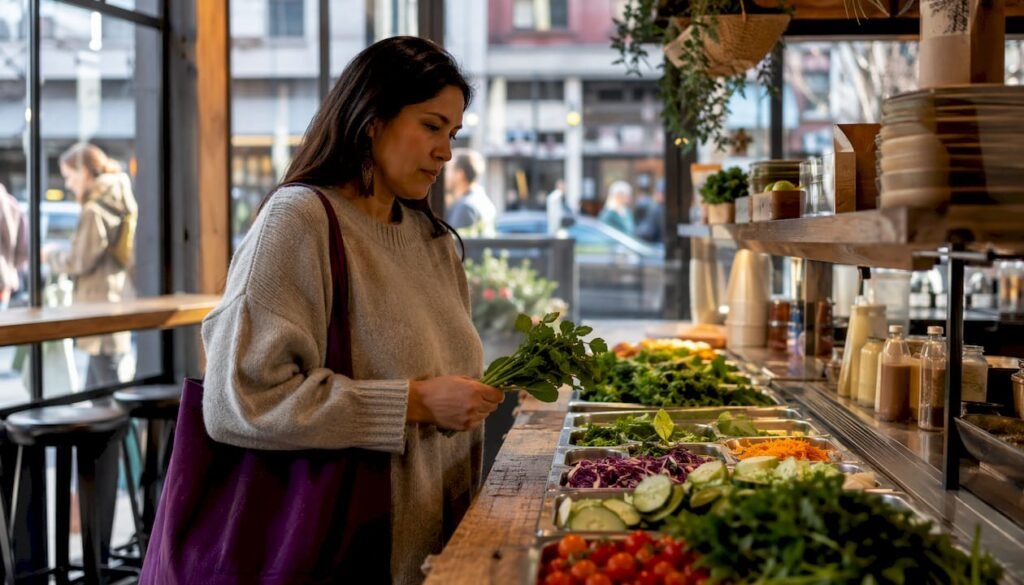 Woman choosing healthy food at fast casual restaurant