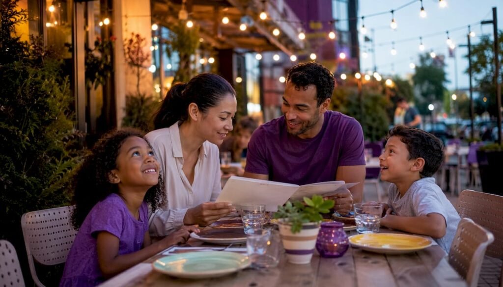 Family of four choosing meals in restaurant