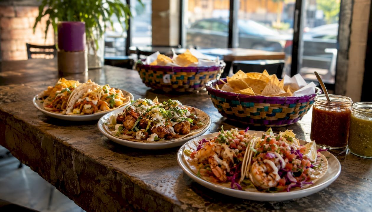 Overhead view of diverse taco dishes variety