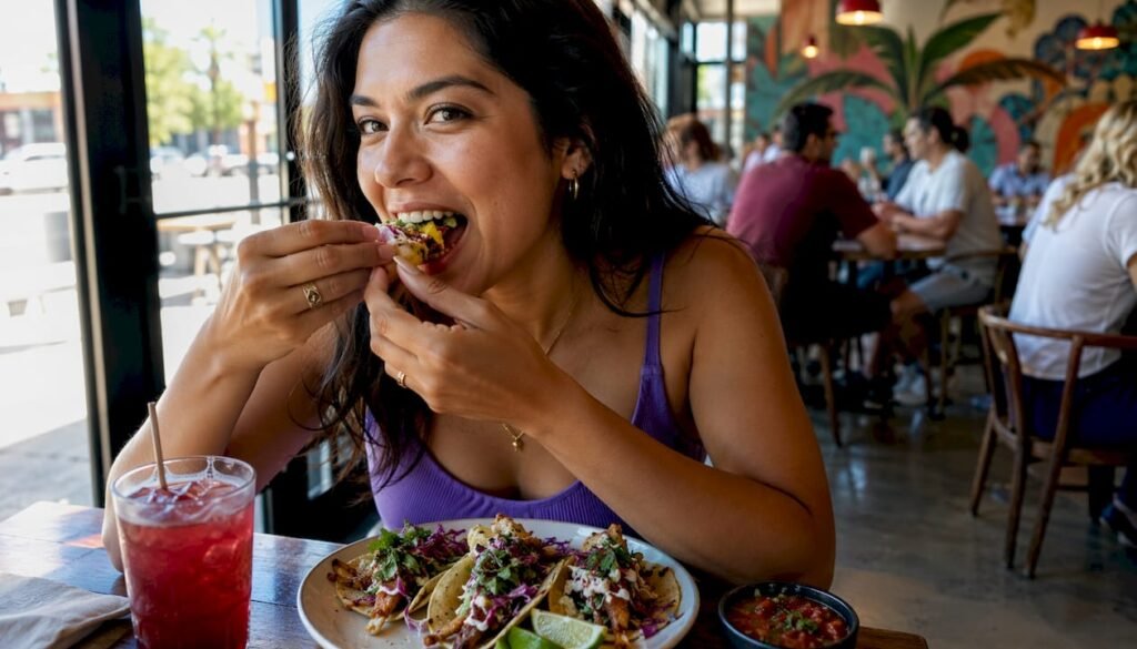 Woman tasting tacos in Winnipeg taco restaurant
