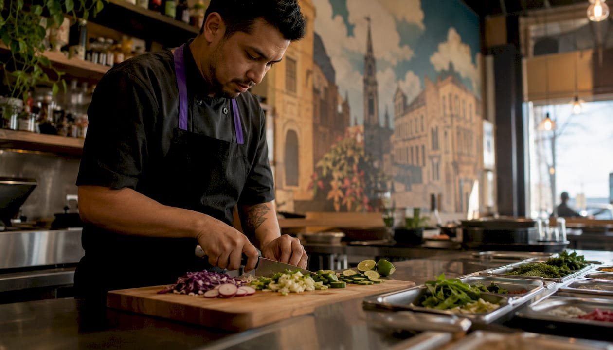 Chef preparing fresh taco ingredients in kitchen