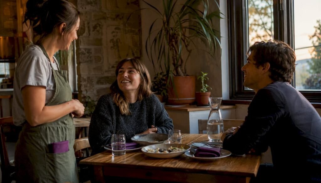 Server discussing waste practices with diners