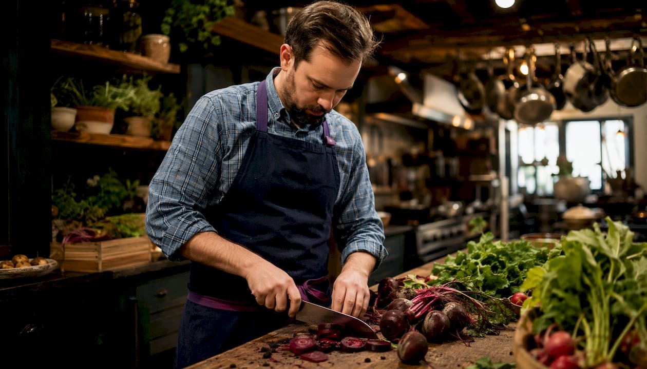 Chef preparing local vegetables in kitchen