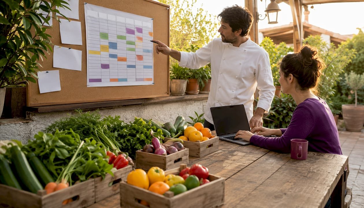 Chef and assistant coordinating supplier orders