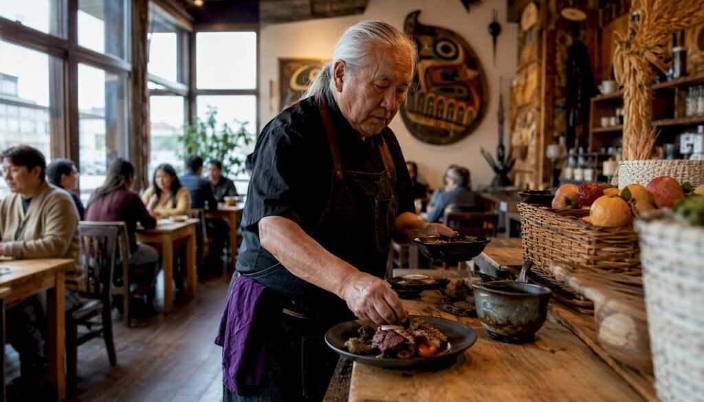 Interior of historic Indigenous restaurant with plating chef