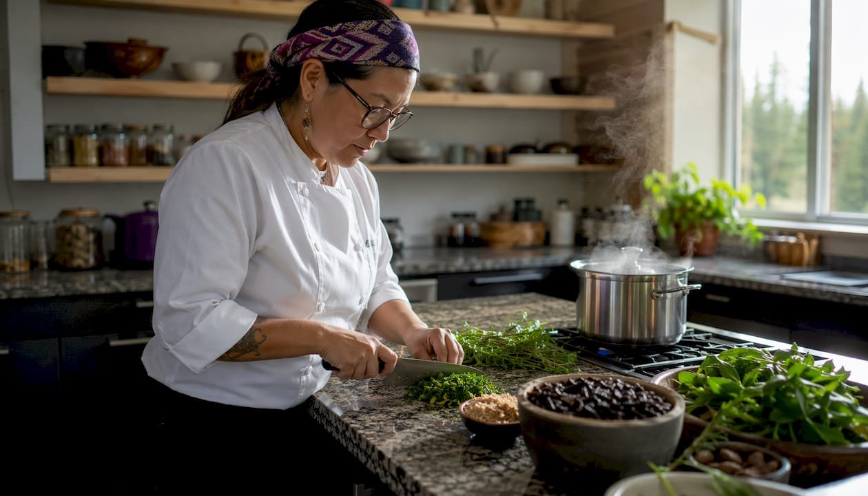 Indigenous chef preparing traditional ingredients in kitchen