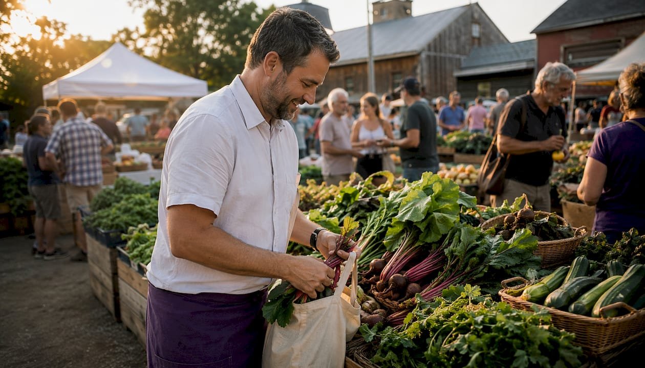 Chef selecting fresh Manitoba vegetables at market