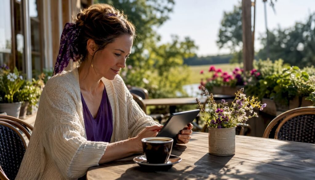 Woman browsing local Manitoba dining guides in café