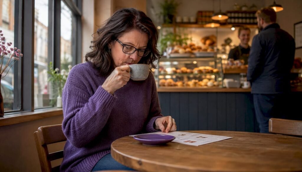 Diner checking menu accuracy on smartphone in café