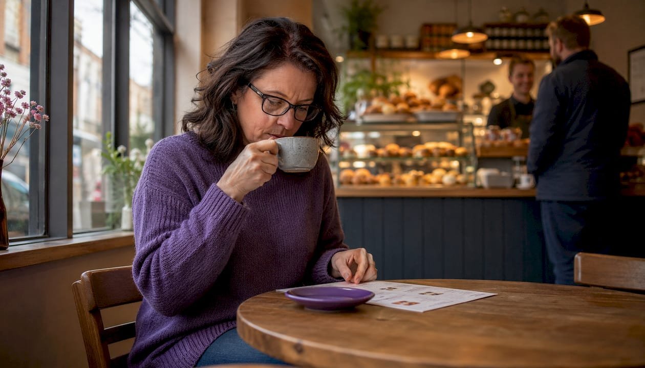Diner checking menu accuracy on smartphone in café