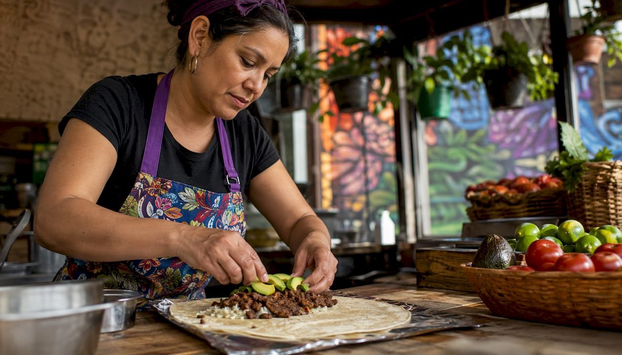 Chef preparing fresh local burrito in kitchen