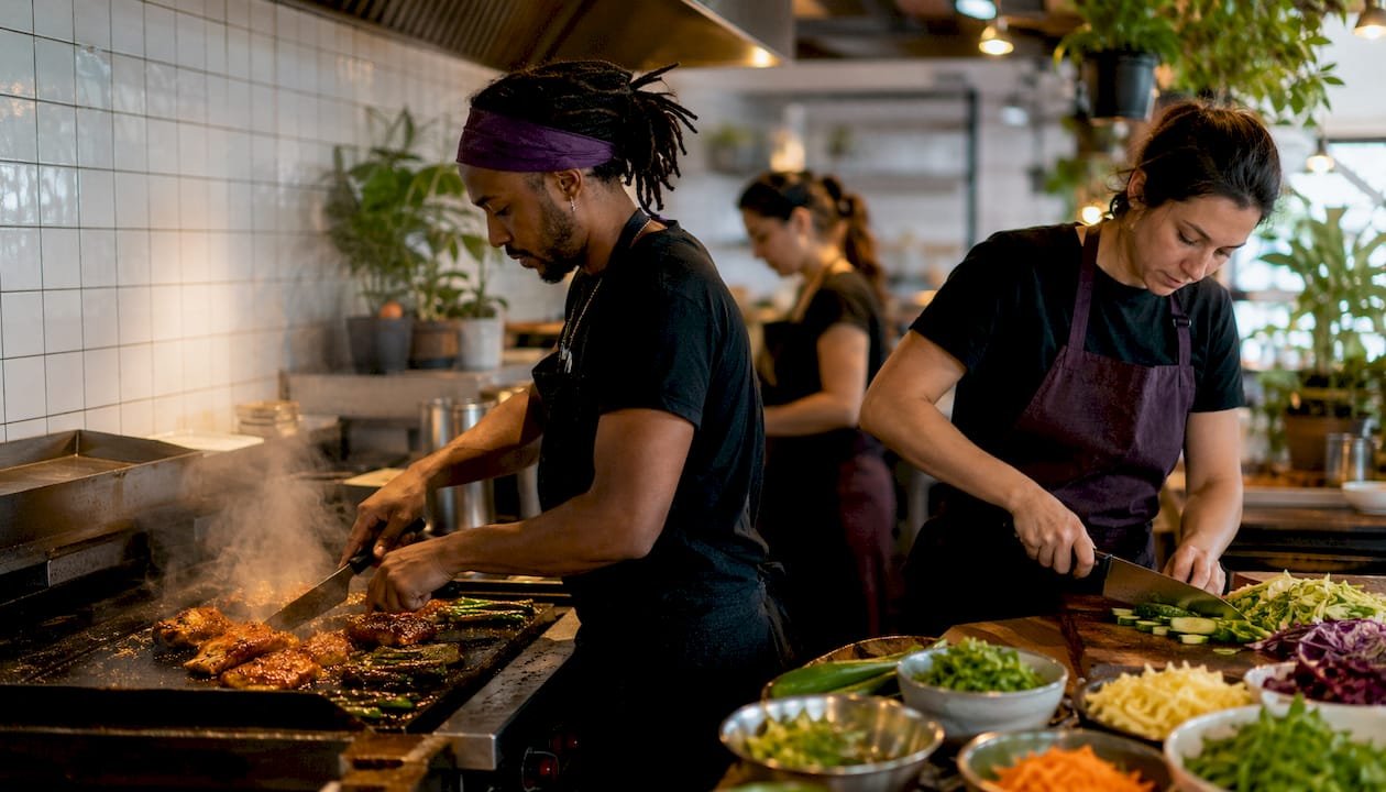 Kitchen team grilling and preparing fresh ingredients