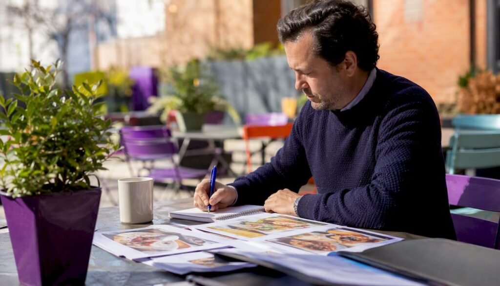 Man reading burrito chain article at kitchen table