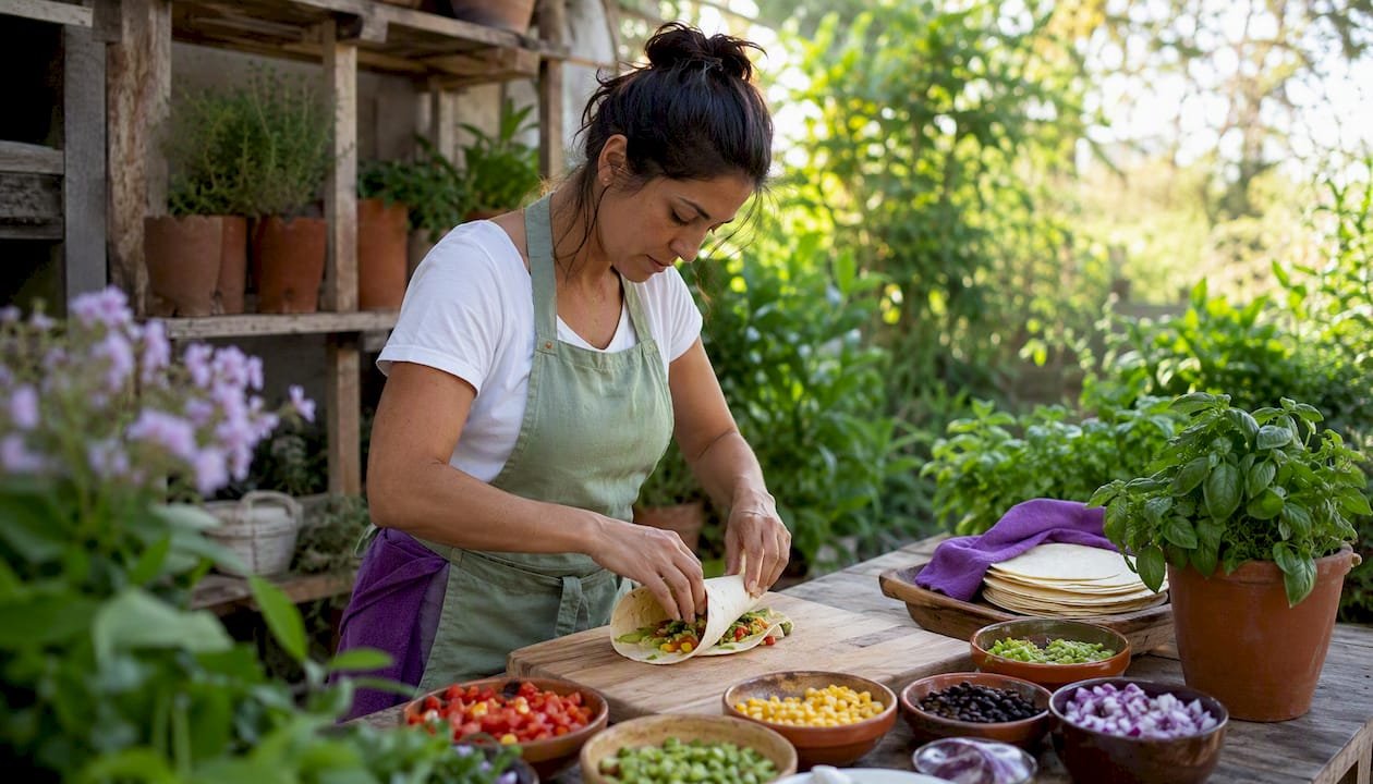 Chef assembling fresh burrito in bright kitchen