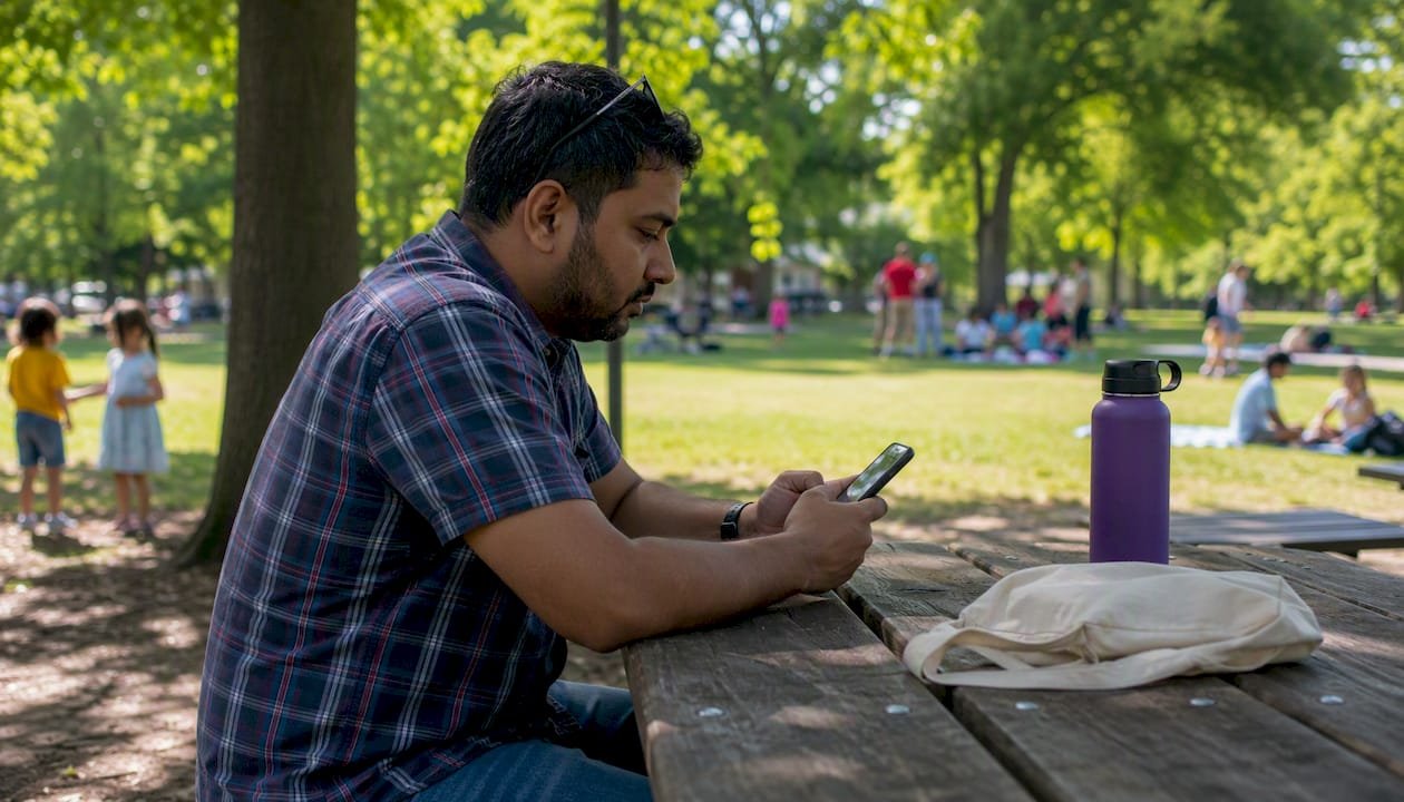 Person checking vegan burrito menu on phone outdoors