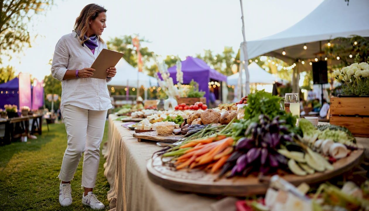 Event planner reviewing locally sourced catering in a hall