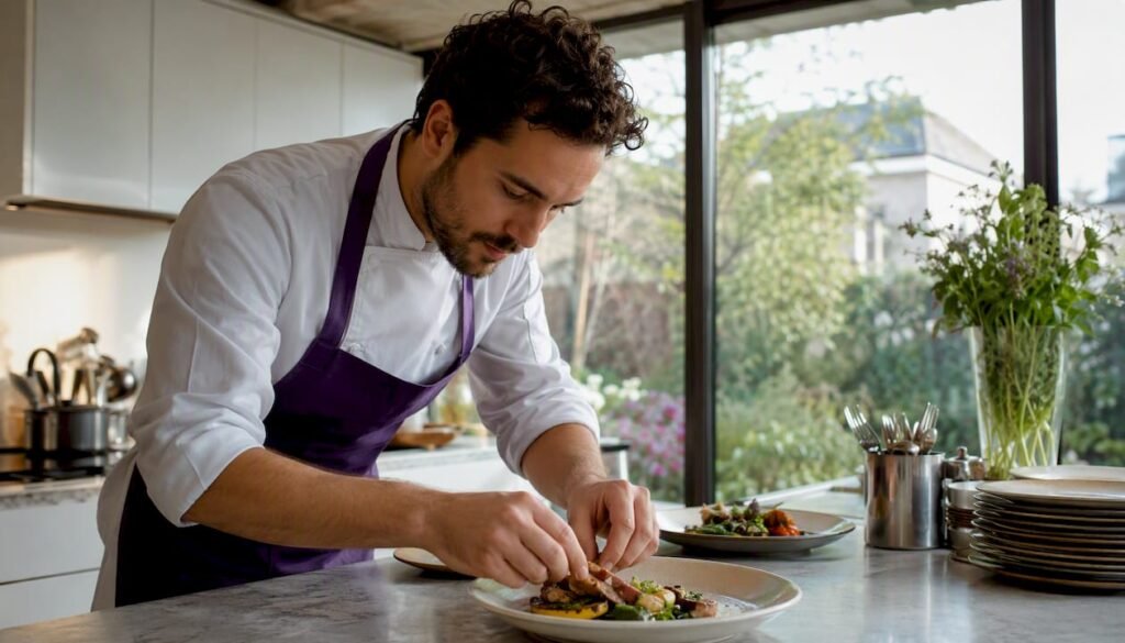 Chef arranging local ingredients in restaurant kitchen