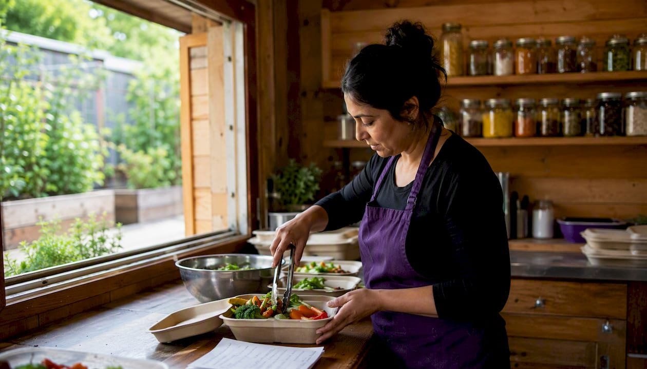 Worker preparing local-ingredient takeout catering containers