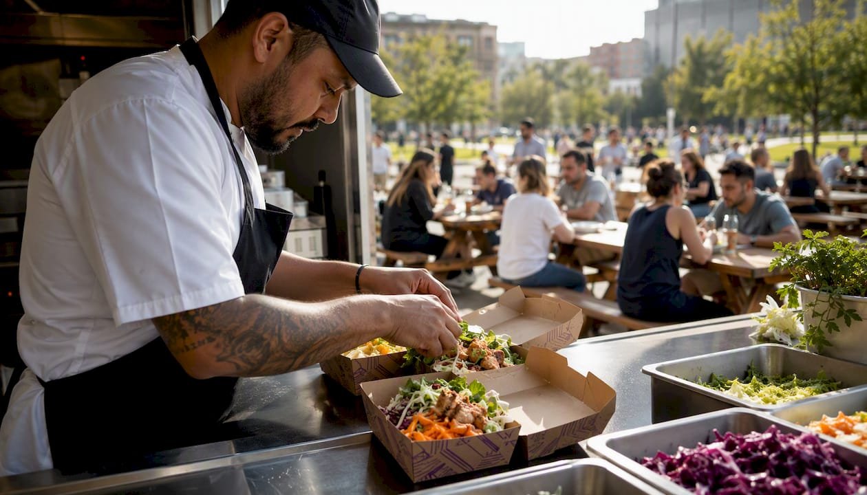 Chef preparing healthy boxed lunches in kitchen