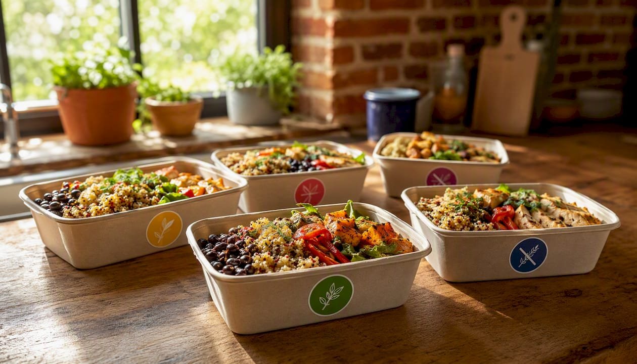 Boxed healthy meals with dietary labels