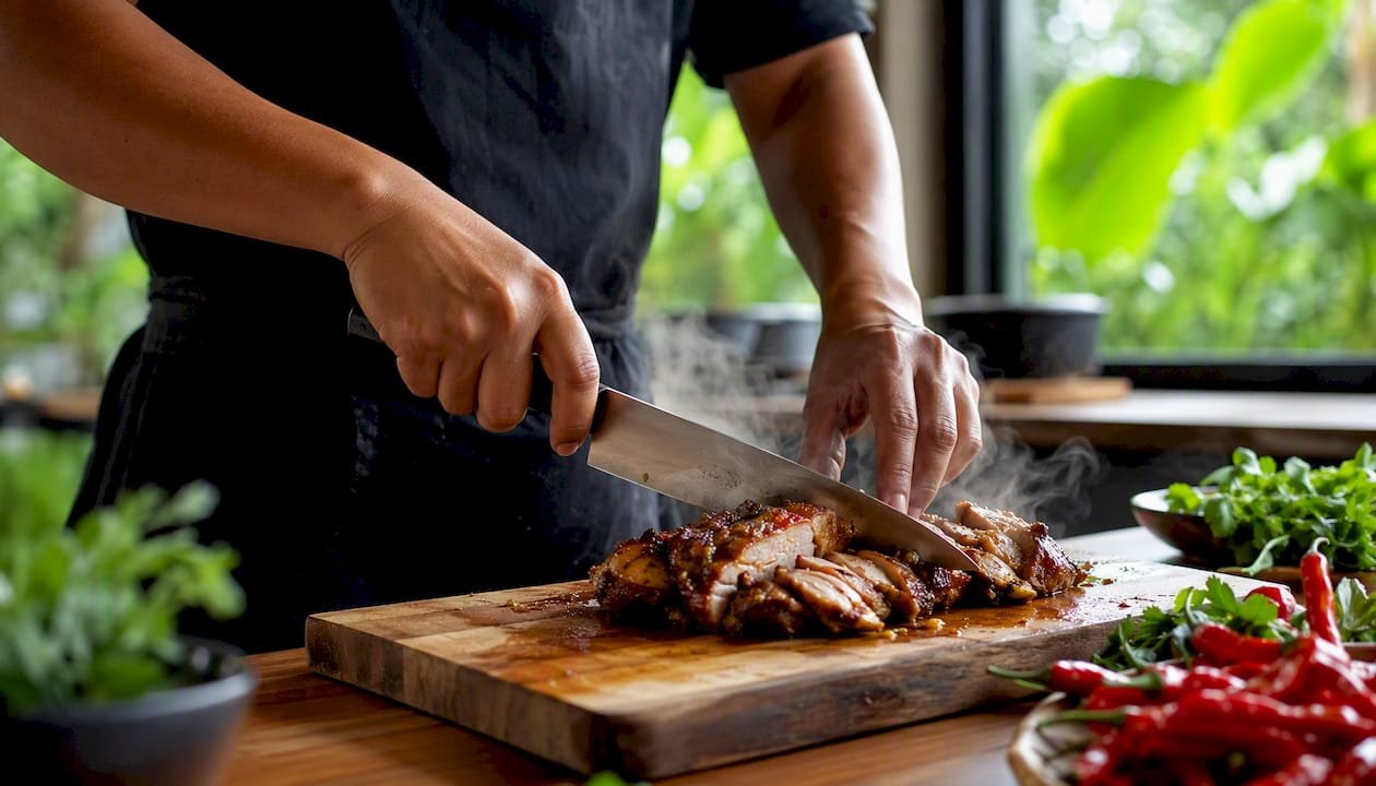 Chef slicing slow-braised Adobo Chicken